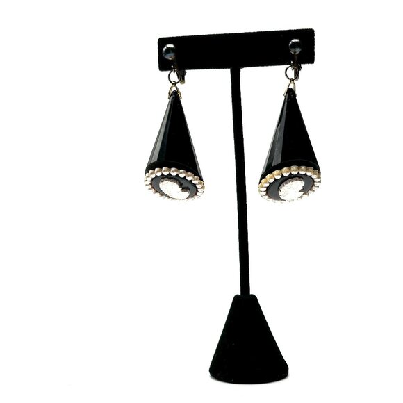 William de Lillo Black Cameo Cone Earrings—Space Age 1960s Faceted Acrylic Drops - Picture 14 of 15